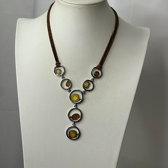 Lia Sophia necklace signed costume jewelry suede gray in silver tone setting - Picture 1 of 13